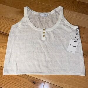 NWT Re/Done Linen Blend Sheer Henley Tank in vintage, white , size small